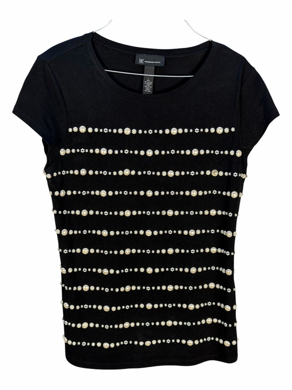 INC International Concepts Black Short Sleeve Pearl & Rhinestone Stripe Top